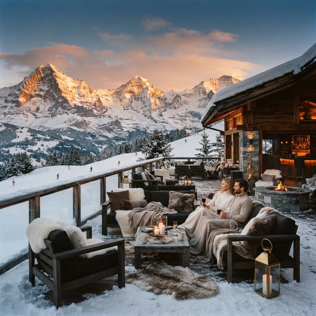 A luxury alpine chalet terrace overlooking snow-covered mountain peaks