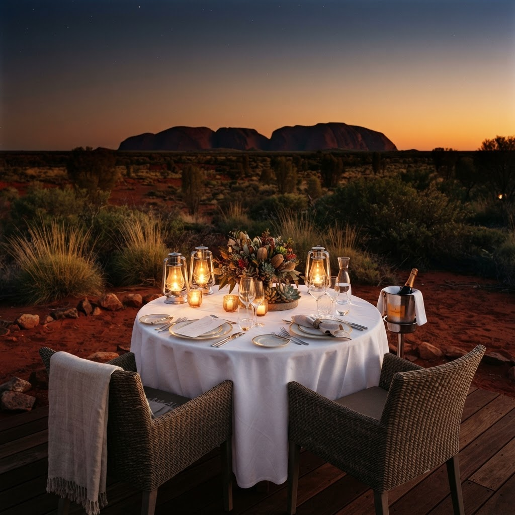 A private candlelit dinner set in the Australian outback at dusk