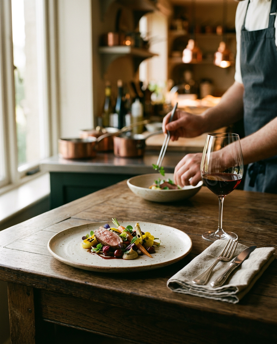 A beautifully plated tasting course on a chef’s table in warm golden light