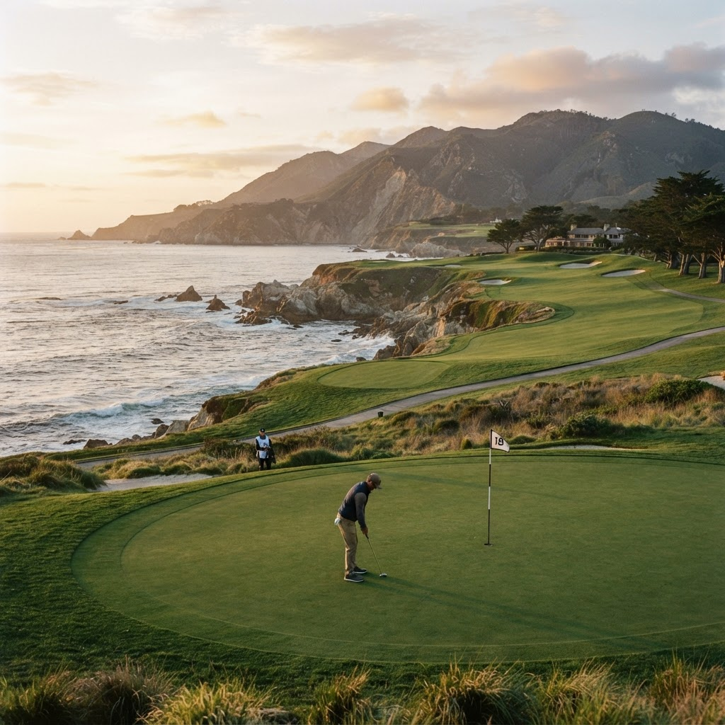 An iconic championship golf course at golden hour overlooking a dramatic landscape