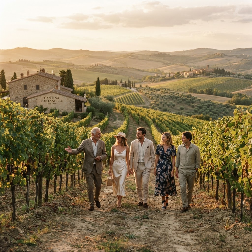 A small group on a private vineyard tour among Tuscan hills