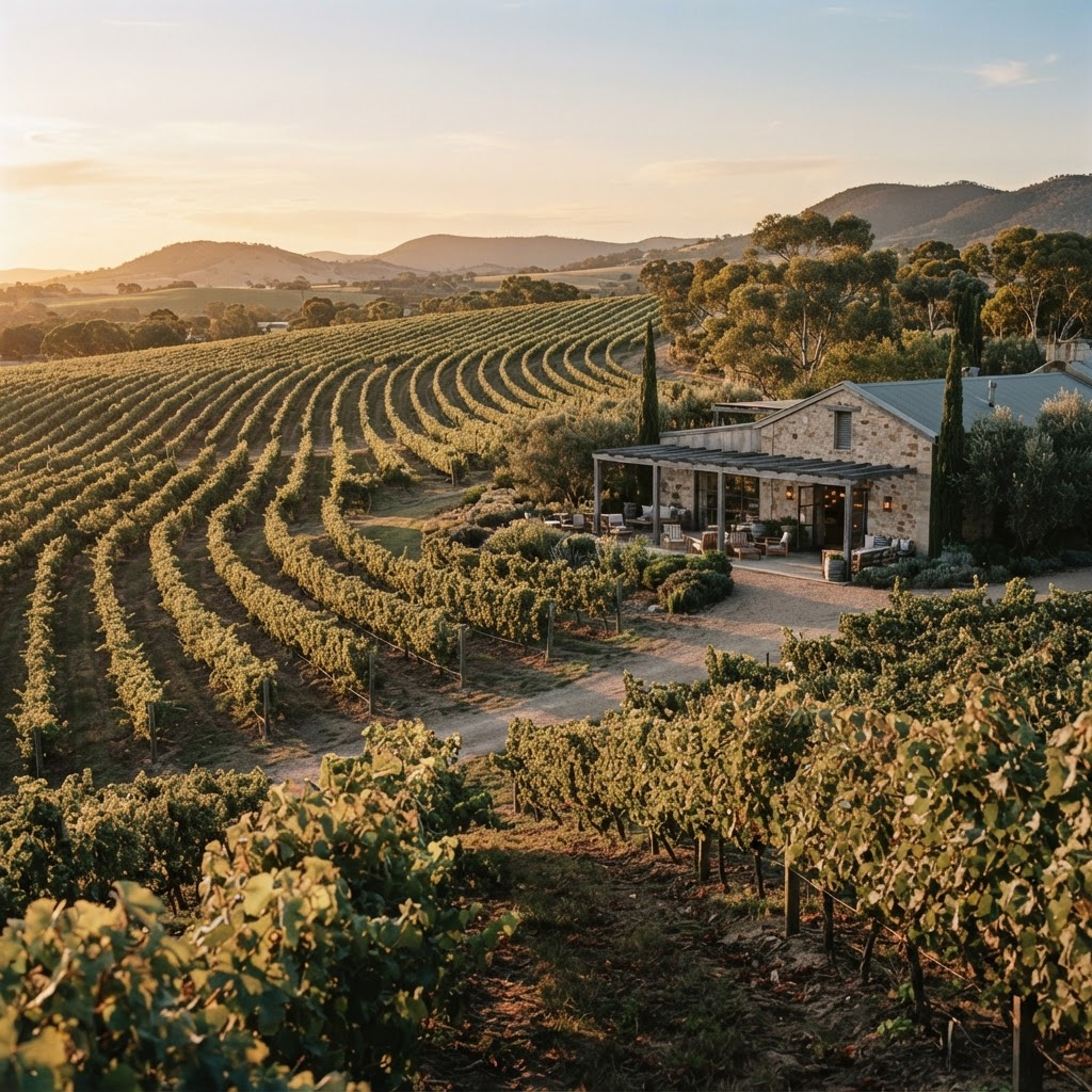Rolling vineyard rows in the Barossa Valley at golden hour