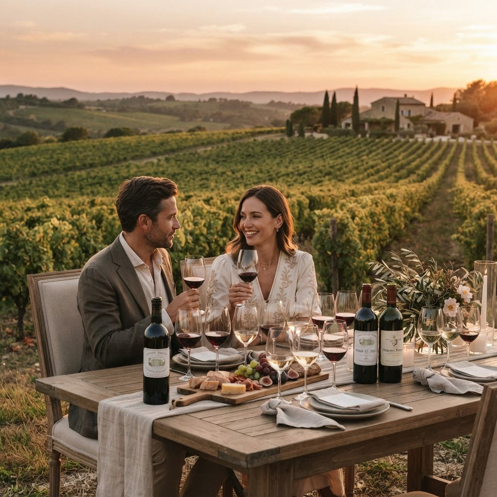 A private wine tasting set among the vines of a luxury vineyard at golden hour