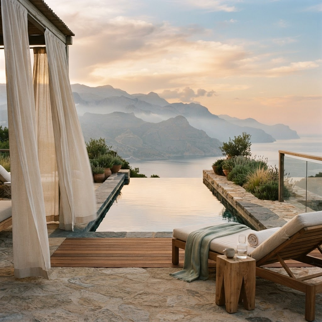 A serene infinity spa pool on a secluded terrace overlooking misty mountains at golden hour